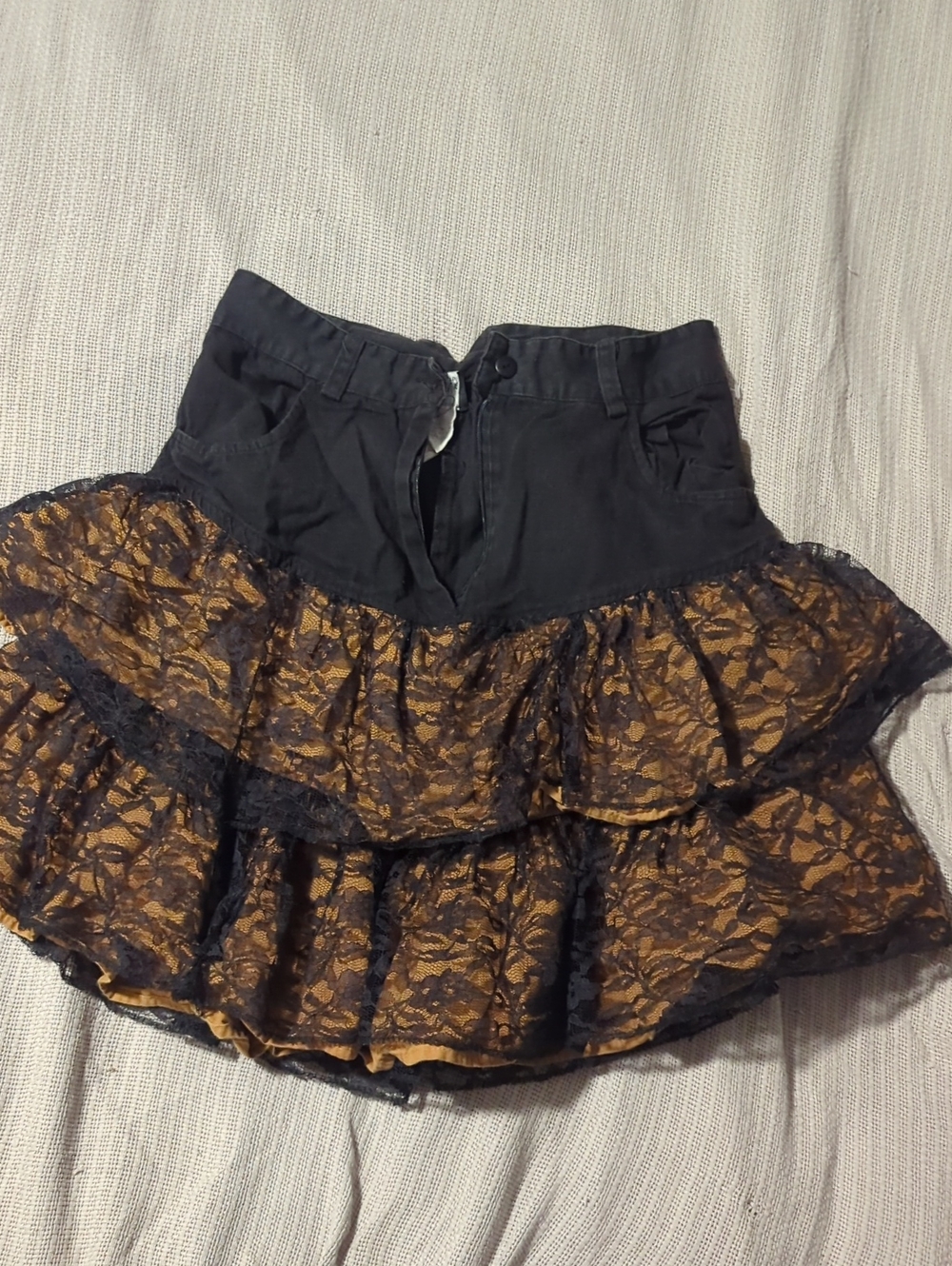 Jerry Leigh Black and Gold Lace Tiered Mini Skirt
